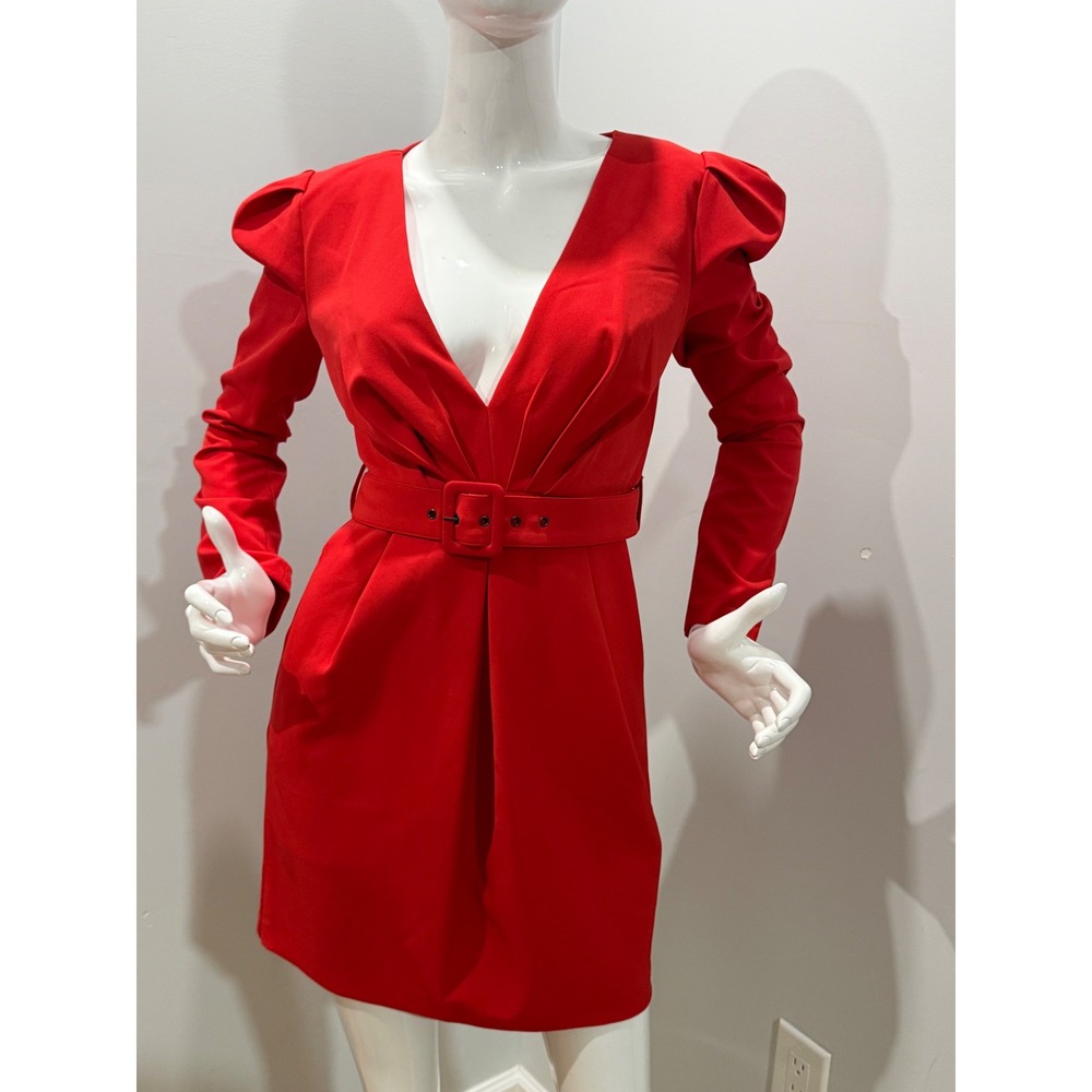 Bardot Red Deep V Neck Puff Sleeve Belted Mini Dress Women's US 6/S NWT - Picture 4 of 12
